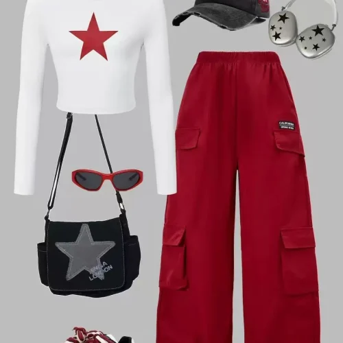 Star Long Sleeve Crop Top & Red Cargo Set