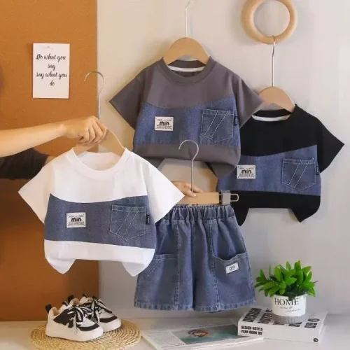2-Piece Patchwork T-Shirt & Denim Short Set