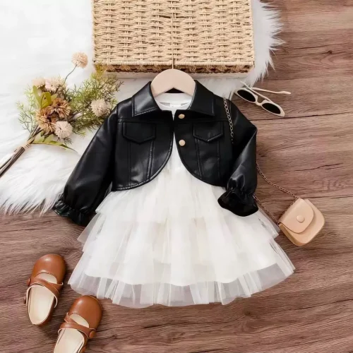 Baby & Toddler Girls’ Black Faux Leather Jacket & White Tiered Tulle Dress 2-Piece Set