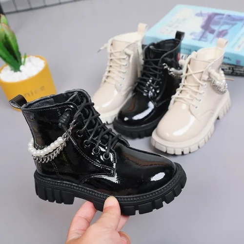 Girls patent leather combat ankle boots