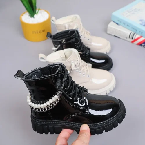 Girls patent leather combat ankle boots