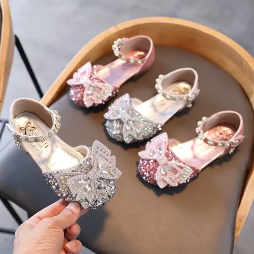 Toddler crystal bow rhinestone strap dress flats