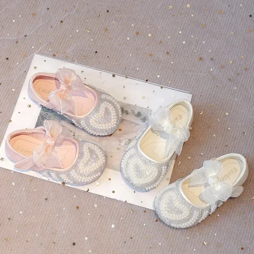 Toddler pearl heart bow flat shoes