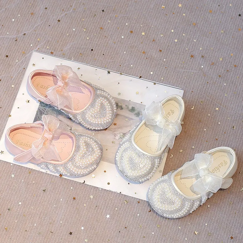 Toddler pearl heart bow flat shoes