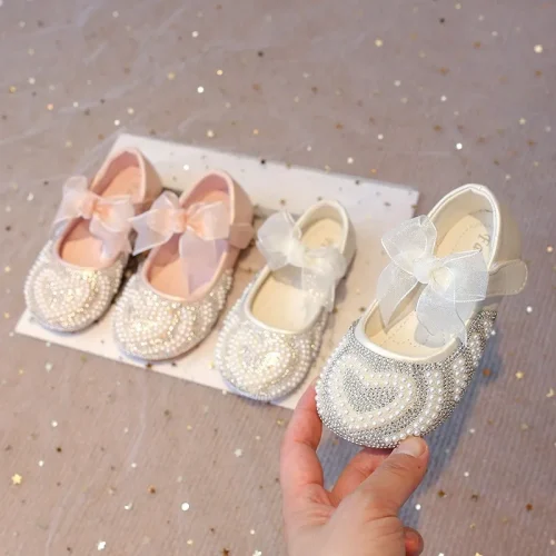 Toddler pearl heart bow flat shoes