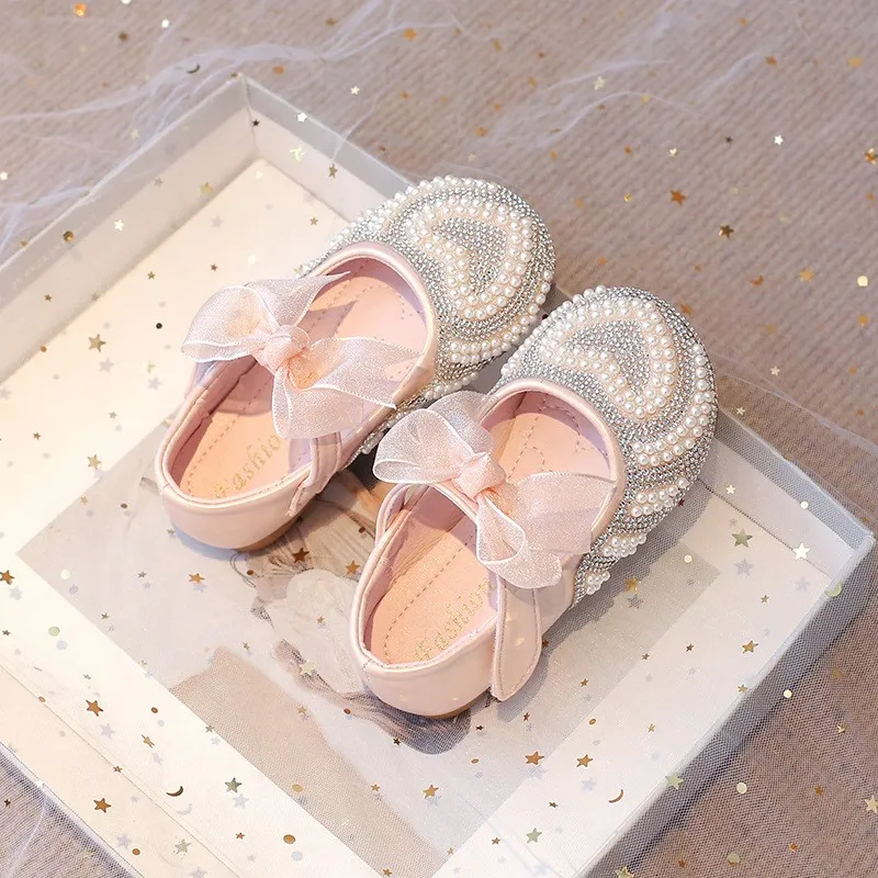 Toddler pearl heart bow flat shoes