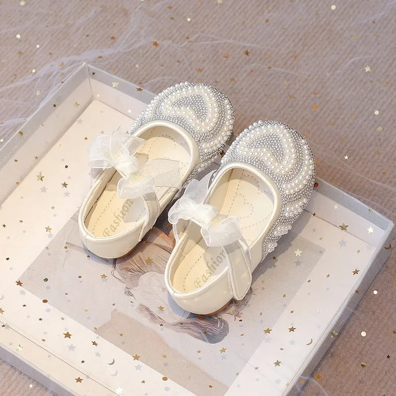 Toddler pearl heart bow flat shoes