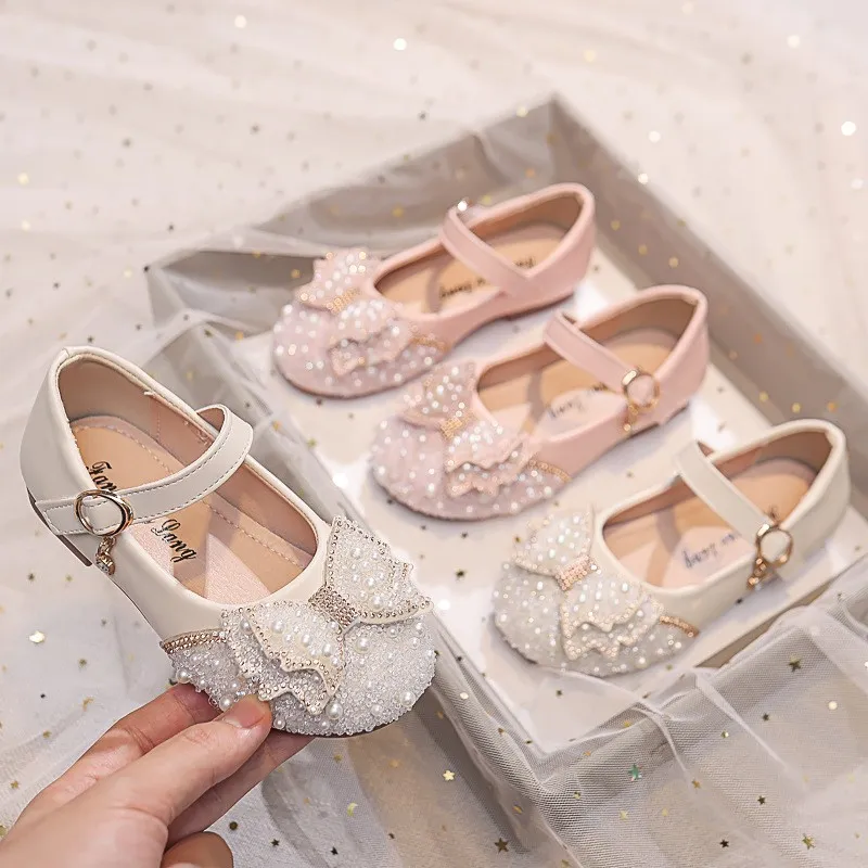 Toddler pearl bow crystal dress flats