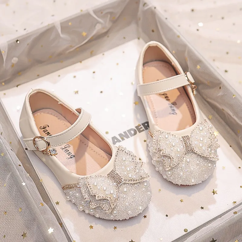Toddler pearl bow crystal dress flats