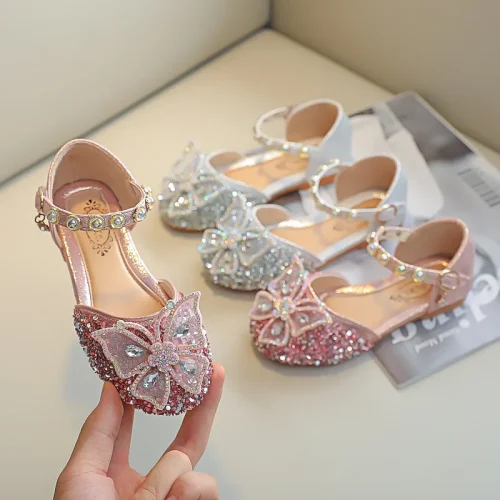 Toddler crystal bow rhinestone strap dress flats
