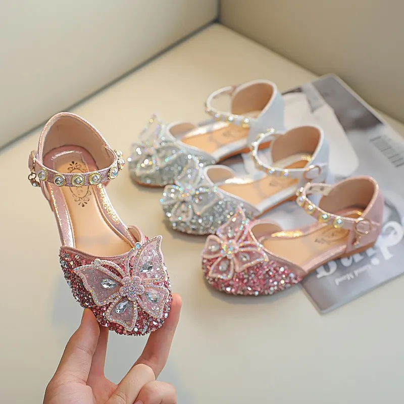 Toddler crystal bow rhinestone strap dress flats