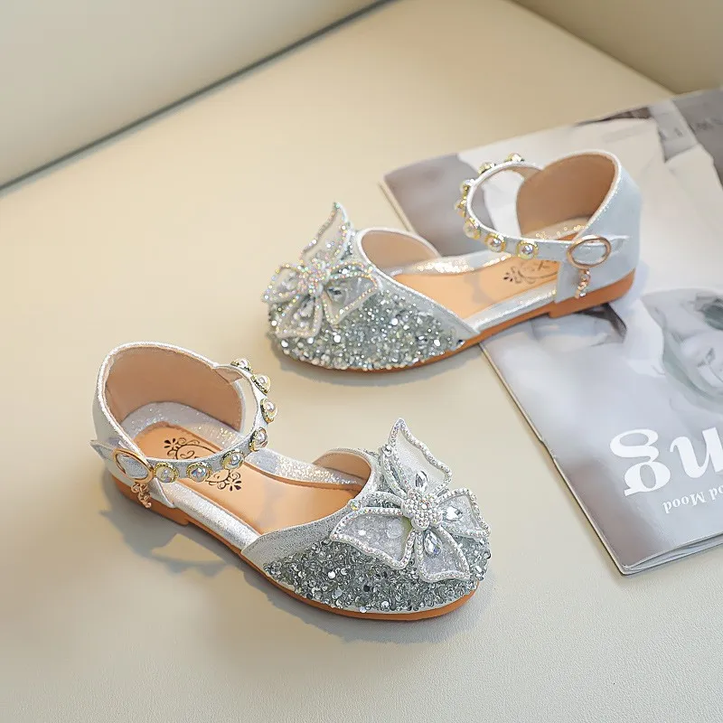 Toddler crystal bow rhinestone strap dress flats