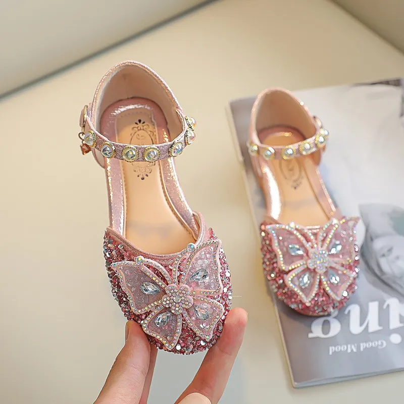 Toddler crystal bow rhinestone strap dress flats