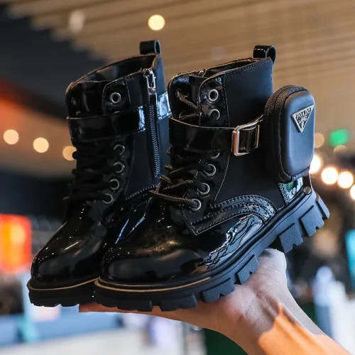 Kids black patent combat ankle boots