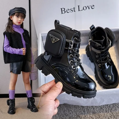Kids black patent combat ankle boots