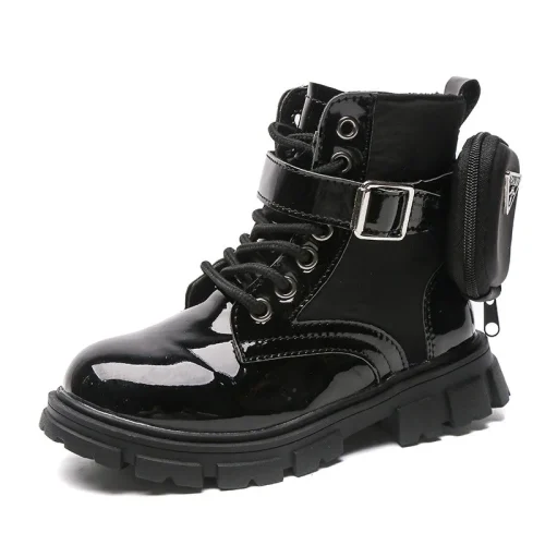 Kids black patent combat ankle boots