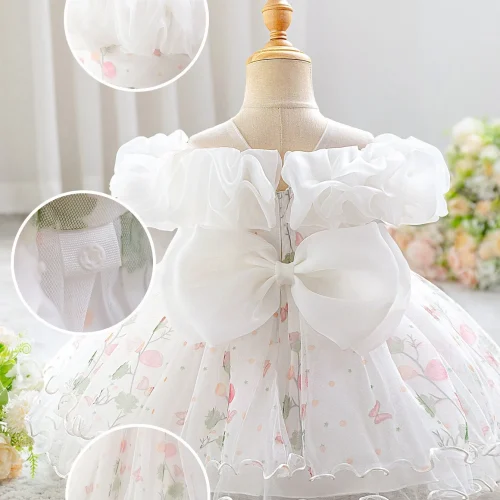 Girls' Ruffled Off-the-Shoulder Floral Butterfly Party Dress