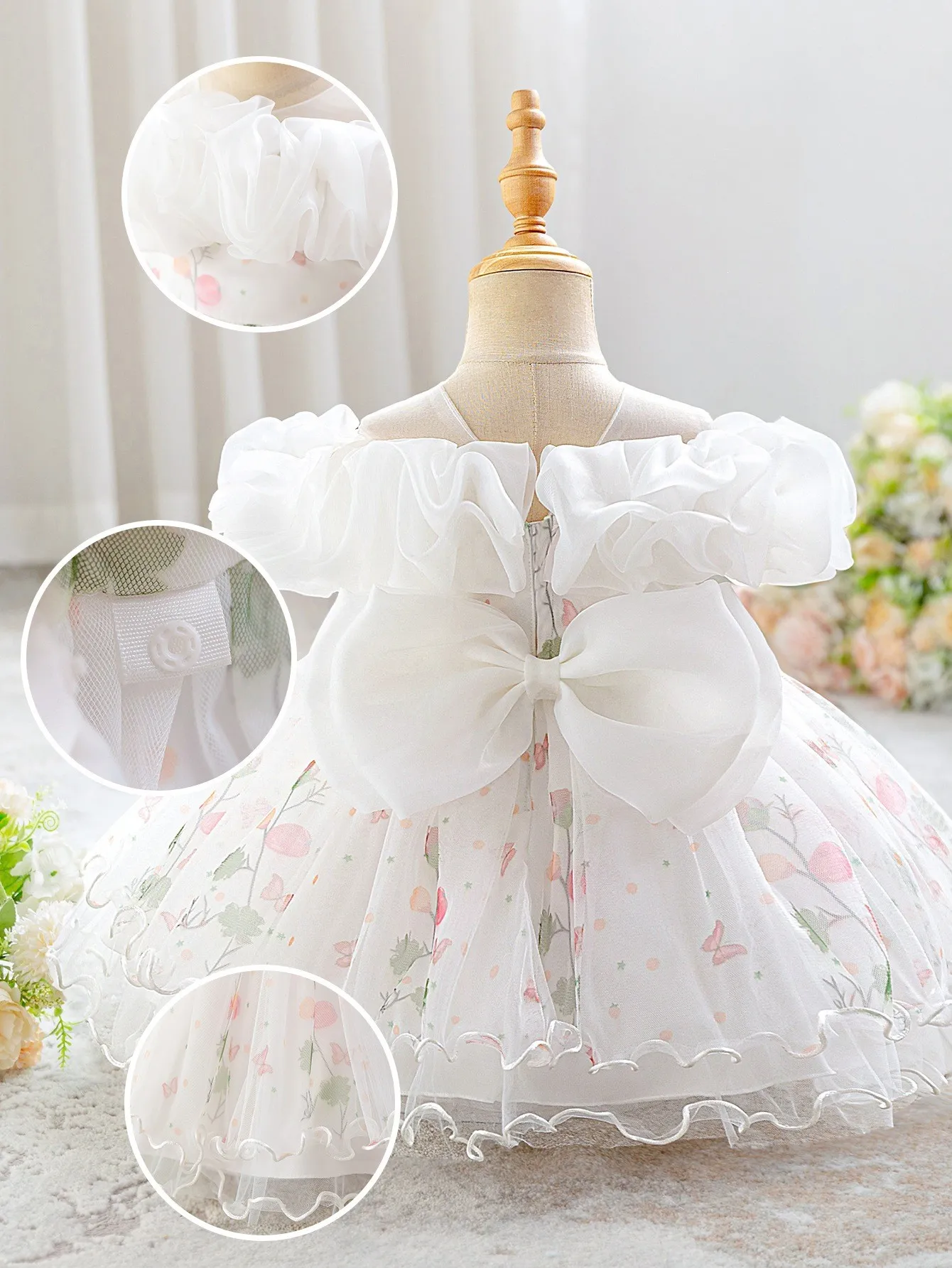 Girls' Ruffled Off-the-Shoulder Floral Butterfly Party Dress