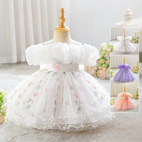 Girls' Ruffled Off-the-Shoulder Floral Butterfly Party Dress