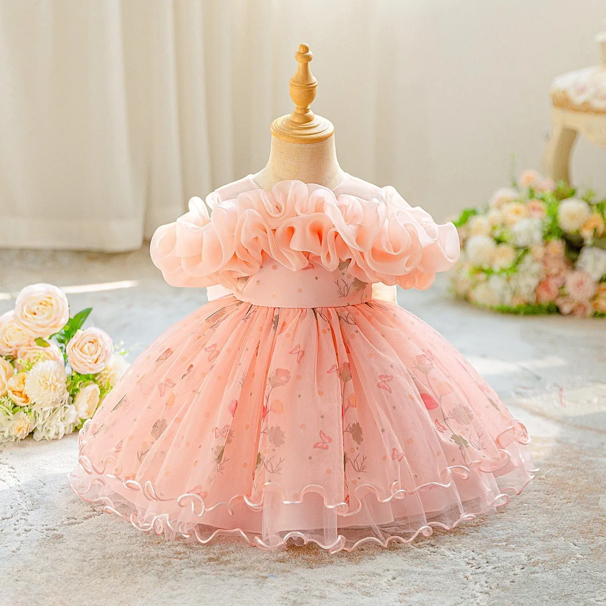 Girls' Ruffled Off-the-Shoulder Floral Butterfly Party Dress