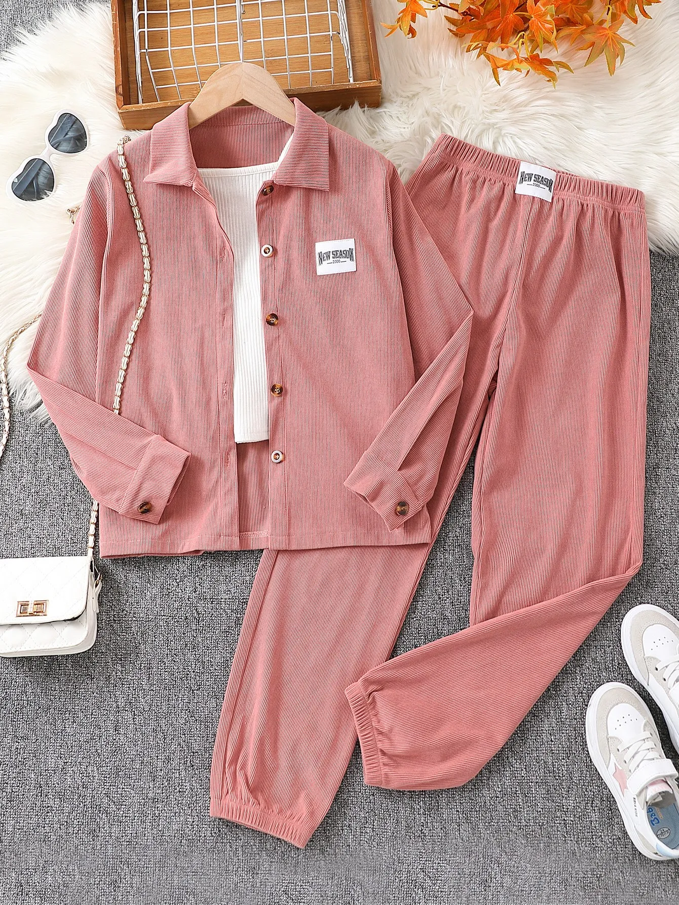 Girls' 2-Piece Dusty Pink Corduroy Jacket and Jogger Pants Set