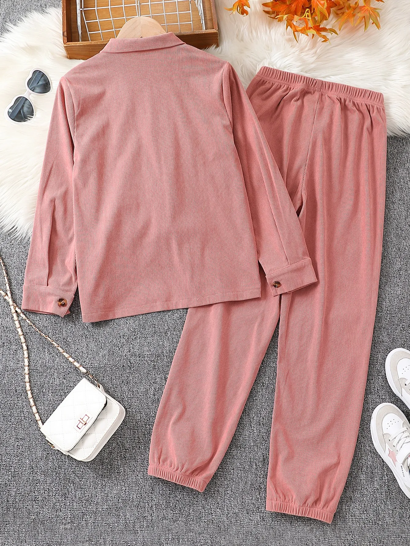 Girls' 2-Piece Dusty Pink Corduroy Jacket and Jogger Pants Set
