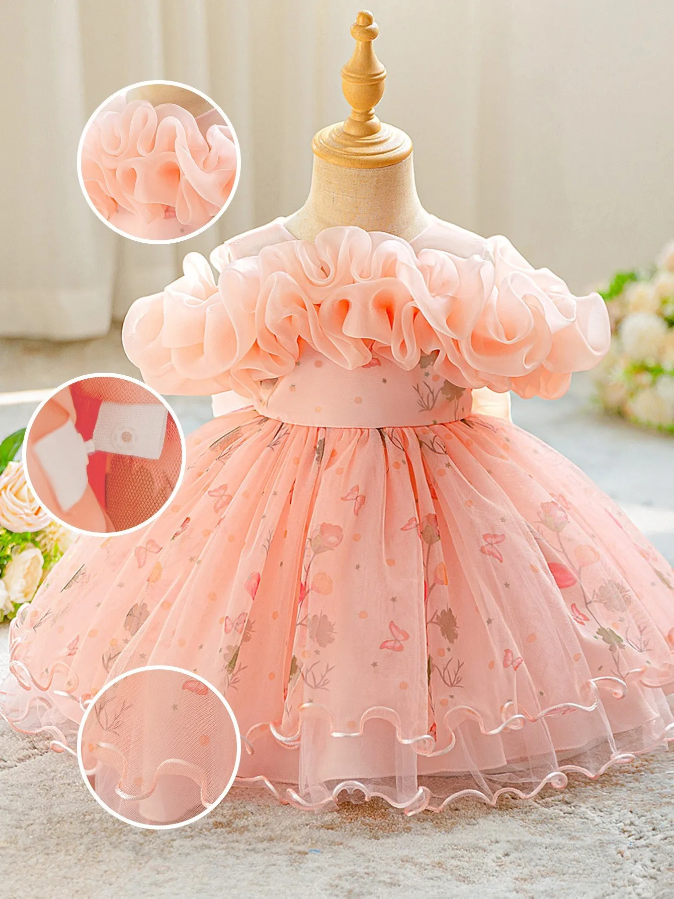 Girls' Ruffled Off-the-Shoulder Floral Butterfly Party Dress