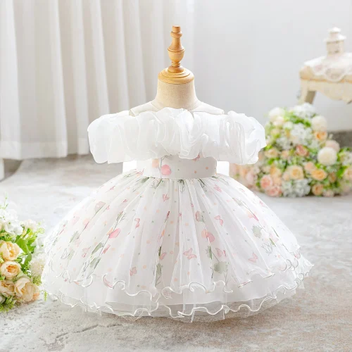 Girls' Ruffled Off-the-Shoulder Floral Butterfly Party Dress