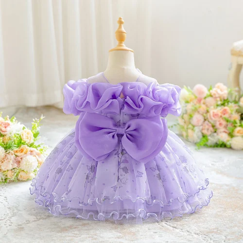 Girls' Ruffled Off-the-Shoulder Floral Butterfly Party Dress