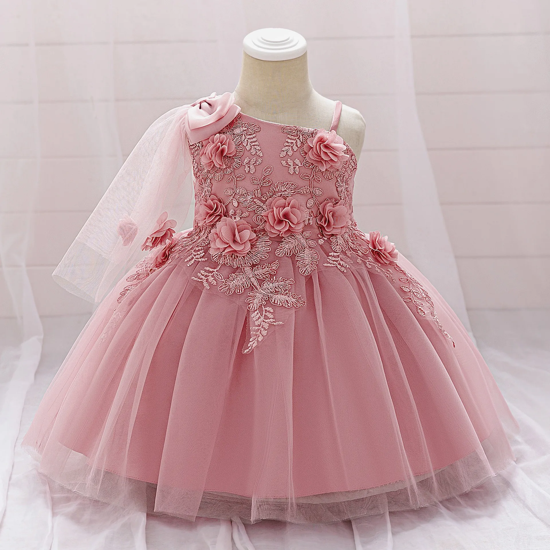 Girls' One-Shoulder Lace & Tulle Party Dress