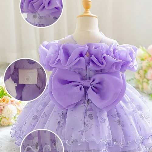 Girls' Ruffled Off-the-Shoulder Floral Butterfly Party Dress