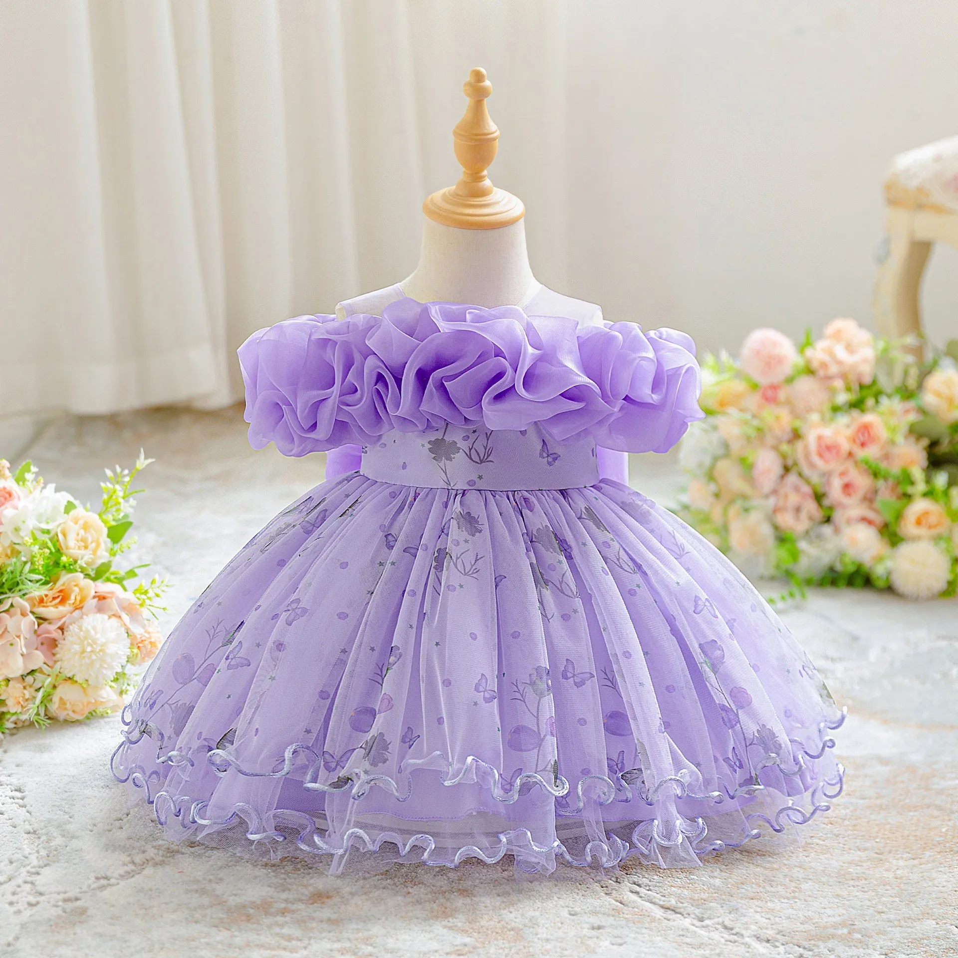 Girls' Ruffled Off-the-Shoulder Floral Butterfly Party Dress