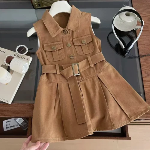 Toddler Girls Sleeveless Denim Safari Dress with Belt
