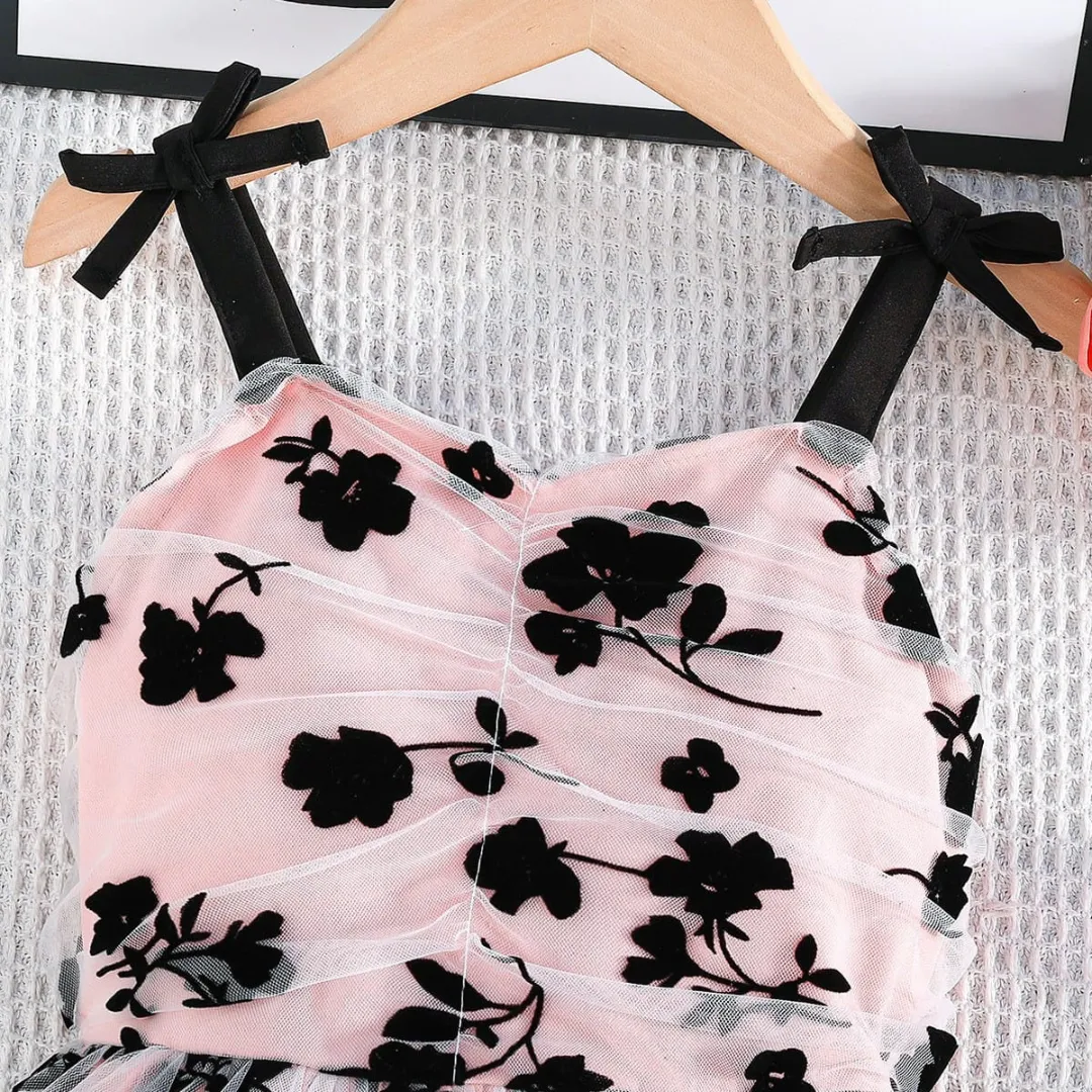 Girls Floral Mesh Party Dress With Black Bow Straps