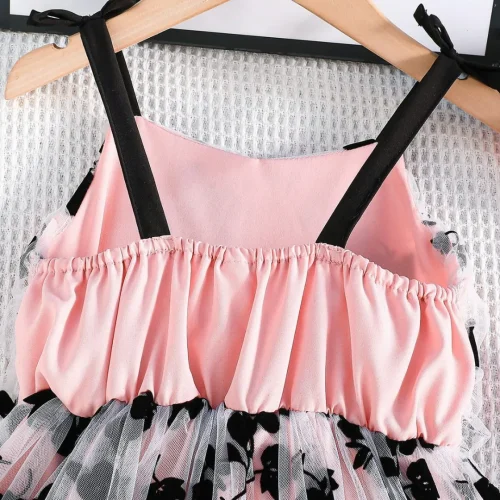Girls Floral Mesh Party Dress With Black Bow Straps