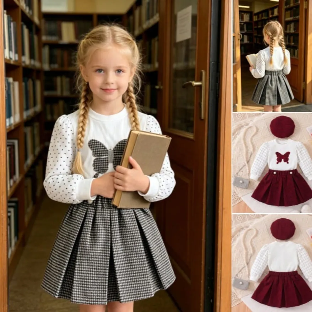 Girls Preppy Butterfly Long-Sleeve Top & Pleated Skirt Set