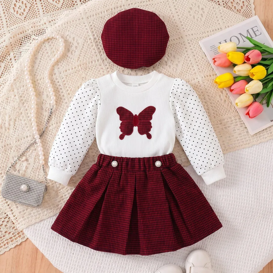 Girls Preppy Butterfly Long-Sleeve Top & Pleated Skirt Set