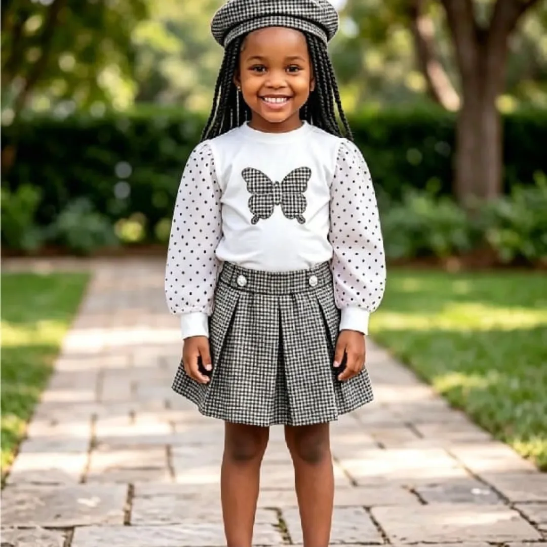 Girls Preppy Butterfly Long-Sleeve Top & Pleated Skirt Set