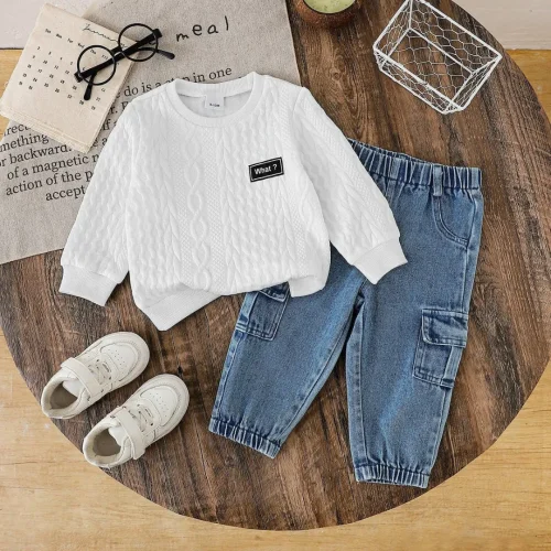 Boys Cable-Knit Sweatshirt & Cargo Denim Pants 2-Piece Set