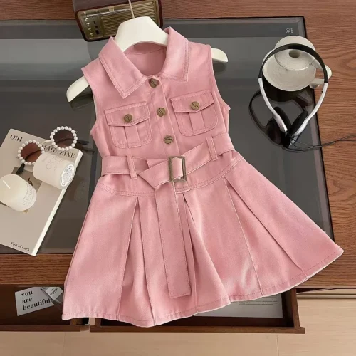 Toddler Girls Sleeveless Denim Safari Dress with Belt
