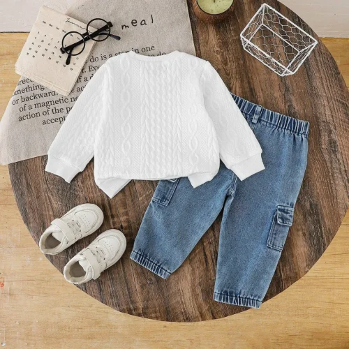Boys Cable-Knit Sweatshirt & Cargo Denim Pants 2-Piece Set