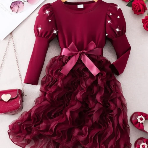 Girls' Maroon Pearl Layered Ruffle Party Dress