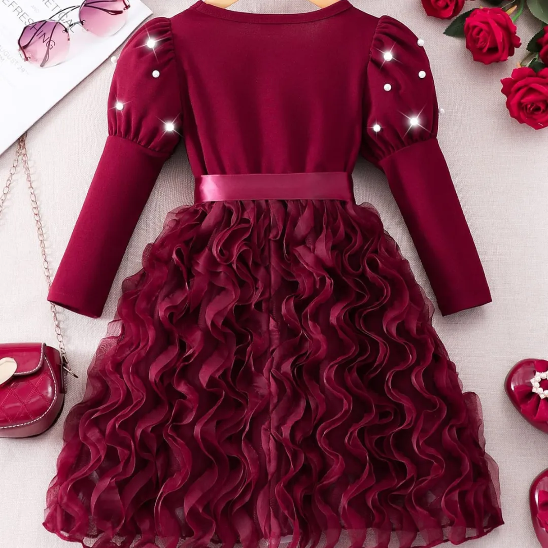 Girls' Maroon Pearl Layered Ruffle Party Dress