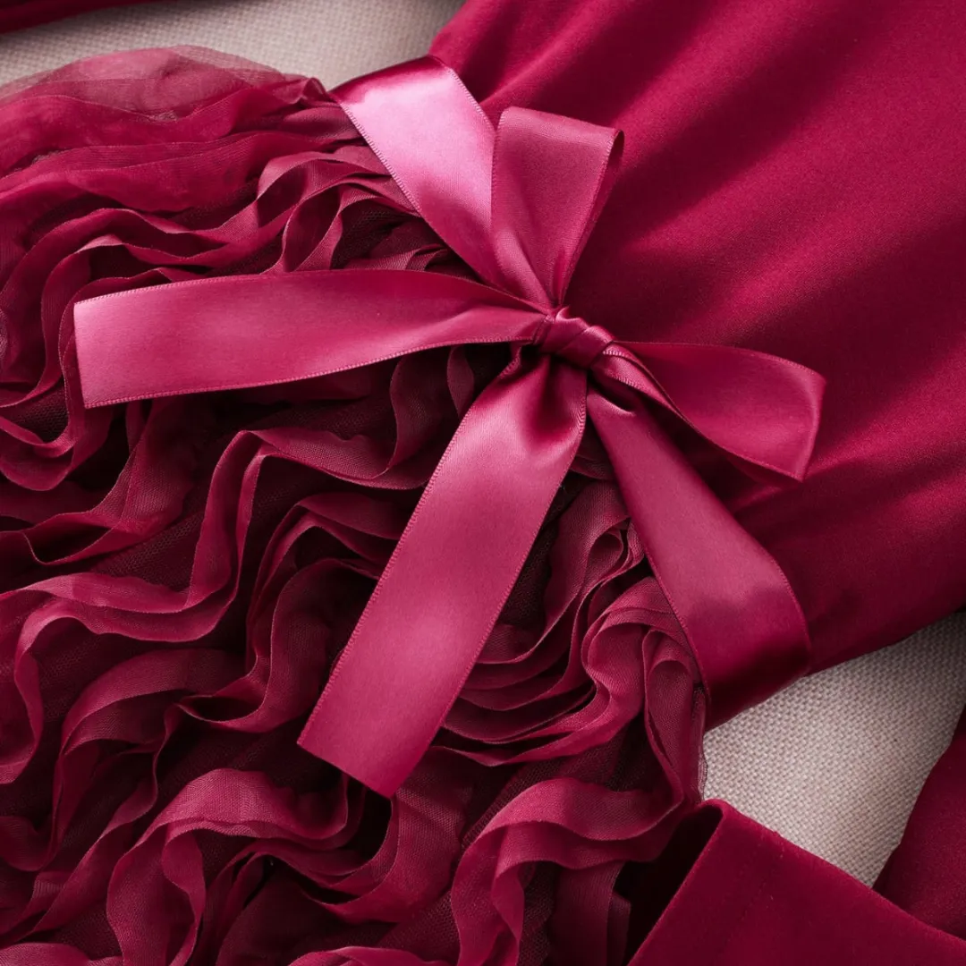 Girls' Maroon Pearl Layered Ruffle Party Dress