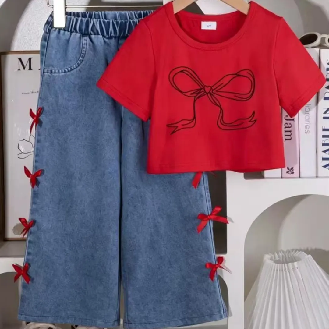 Girls' 2-Piece Red Bow T-Shirt and Ribbon Wide-Leg Denim Jeans Set