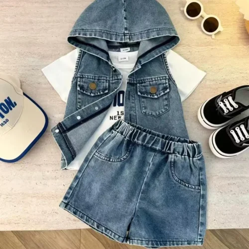 3-Piece Hooded Denim Top & Shorts Set