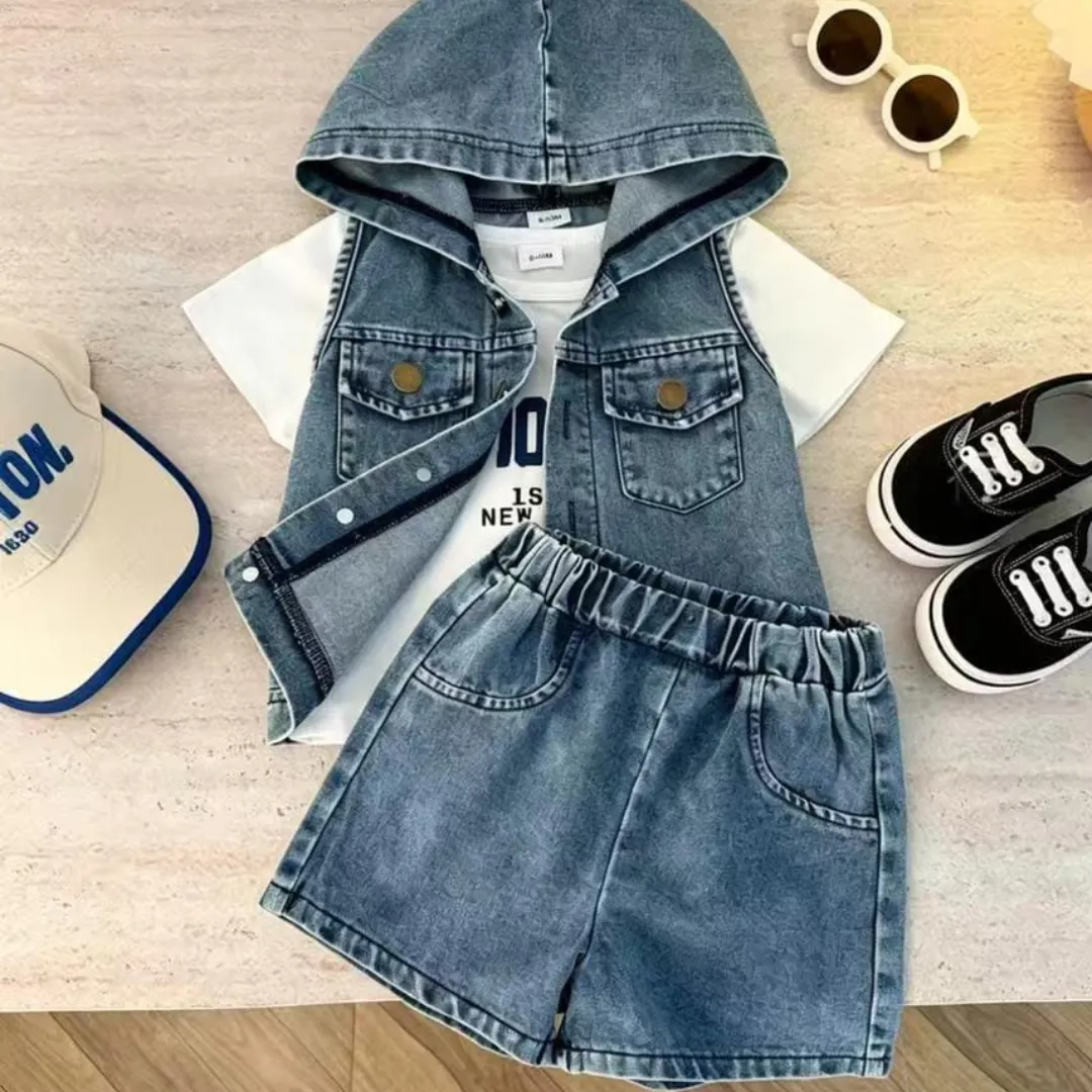 3-Piece Hooded Denim Top & Shorts Set