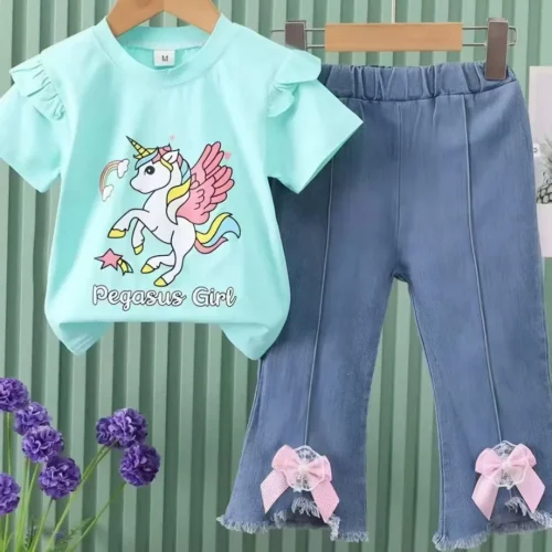 Girls’ Pegasus Unicorn Ruffle T-Shirt and Bow-Detail Flare Jeans Set