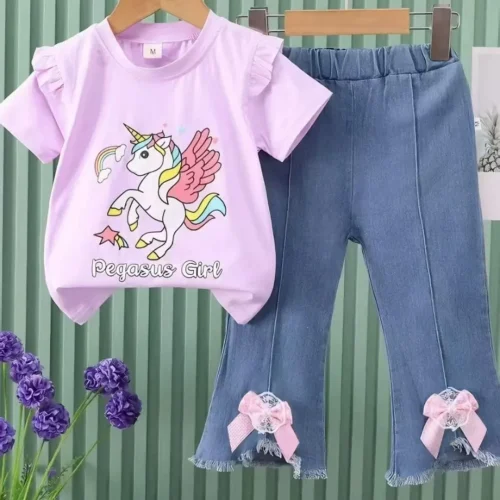 Girls’ Pegasus Unicorn Ruffle T-Shirt and Bow-Detail Flare Jeans Set