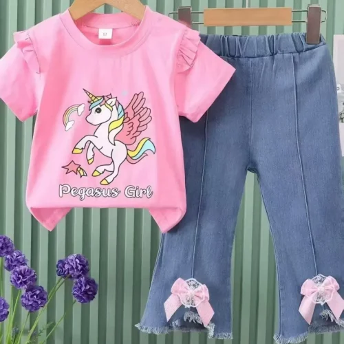 Girls’ Pegasus Unicorn Ruffle T-Shirt and Bow-Detail Flare Jeans Set